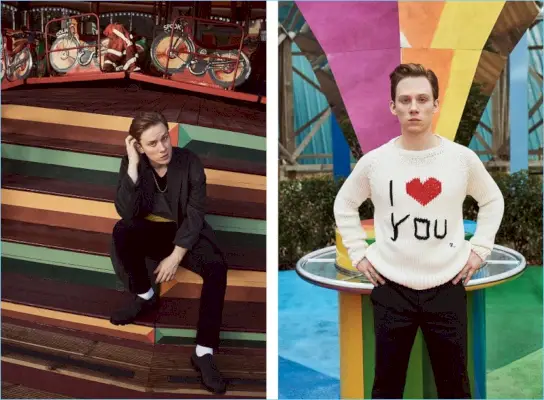 Links: Joe Cole trägt einen Acne Studios-Mantel mit einer Joseph-Pulloverweste mit Zopfmuster. Außerdem trägt er Cordhosen von AMI, Derby-Schuhe von Jil Sander und eine Halskette von Bunney. Rechts: Cole trägt eine Raf Simons