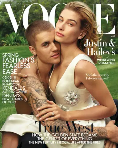 Justinas Bieberis ir Hailey Baldwin skelbia „Vogue“ 2019 m. kovo mėnesio numerį.