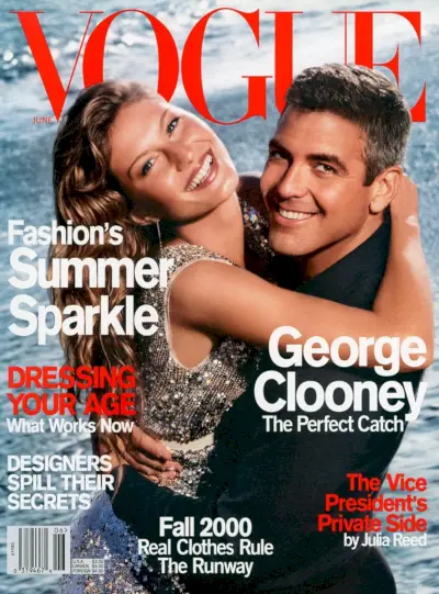 George'as Clooney 2000 m. birželio mėnesio „Vogue“ numerį pristato su supermodeliu Gisele Bundchen.
