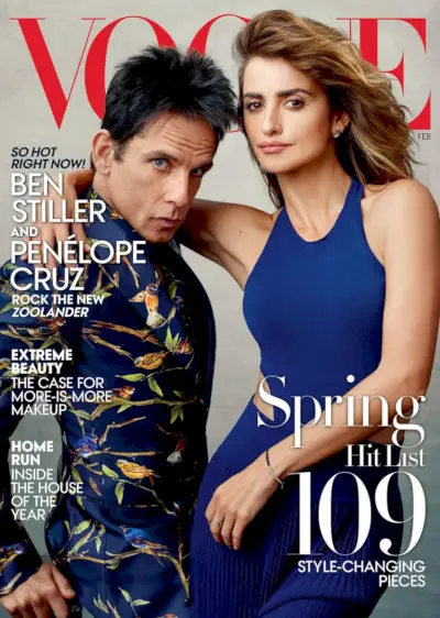 Benas Stilleris reklamuoja „Zoolander 2“, papuošdamas 2016 m. vasario mėnesio „Vogue“ viršelį su aktorės Penélope Cruz.