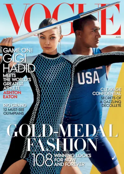 Gigi Hadid ir olimpietis Ashtonas Eatonas skelbia 2016 m. rugpjūčio mėnesio „Vogue“ numerį.