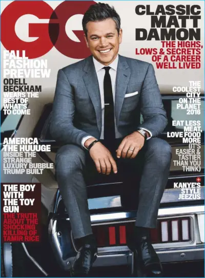 Matt Damon si oblékl šedý oblek od Ralph Lauren Purple Label na obálku American GQ ze srpna 2016.