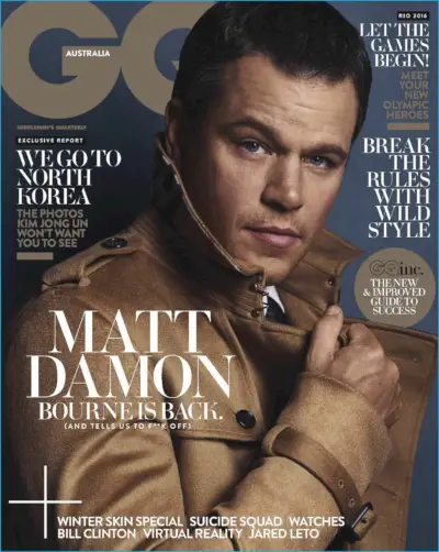 Matt Damon se zabývá vydáním GQ Australia ze srpna 2016.