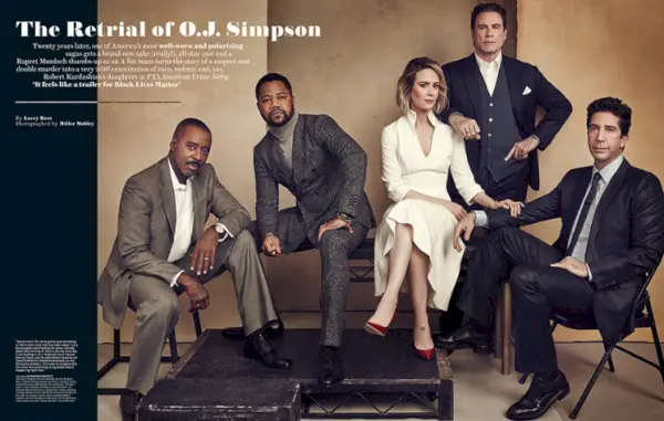 Fotografiados de izquierda a derecha, el elenco de American Crime Story: Courtney B. Vance, Cuba Gooding Jr., Sarah Paulson, John Travolta y David Schwimmer.