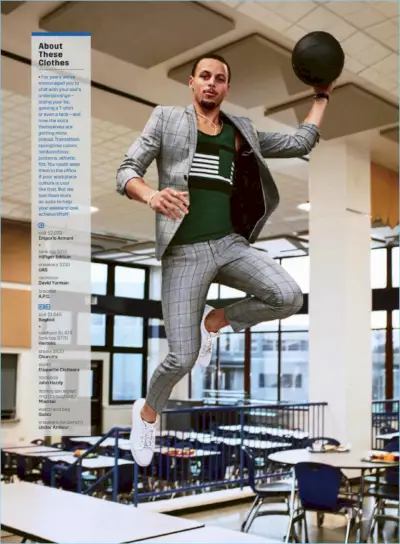 Alcançando grandes alturas, Steph Curry usa um terno xadrez Emporio Armani com regata Hilfiger Edition e tênis UAS.