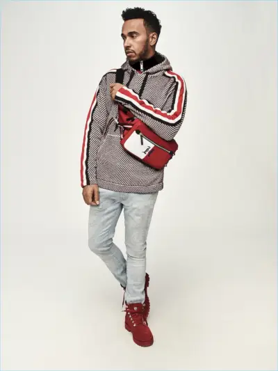 Neformāls redzējums, Lūiss Hamiltons velk jostas somu, kapuci, samta jaku, džinsus un zābakus no viņa sadarbības ar Tomiju Hilfigeru.