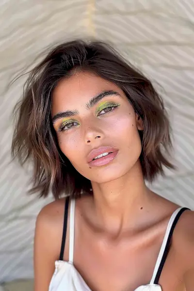 Young woman with tousled chin-length graduated bob hairstyle and vibrant yellow eyeshadow