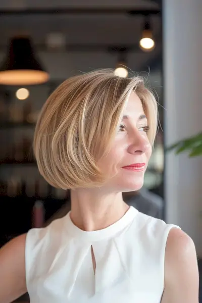 The Chin-Length French Bob hairstyle with blunt ends and natural blonde highlights.