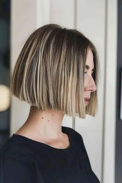 Woman with chin-length blunt bob and balayage highlights