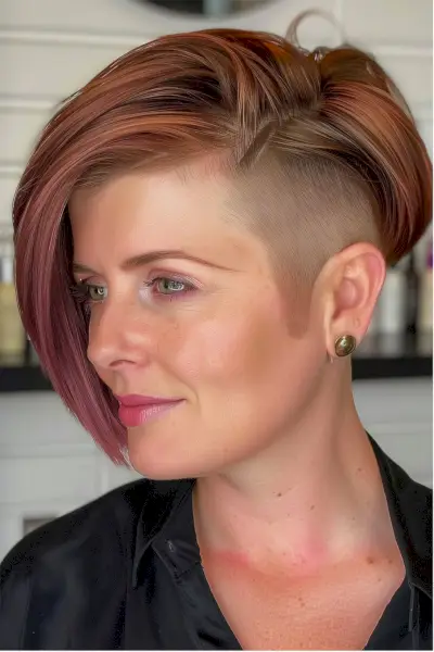 Edgy chin-length asymmetrical bob with a shaved side and copper tones, perfect for thick hair