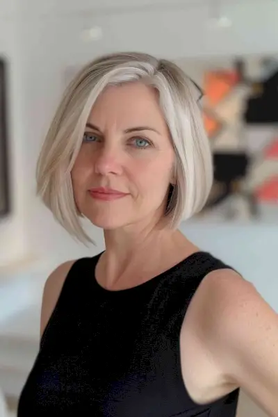 Woman with sleek platinum blonde bob chin-length hairstyle
