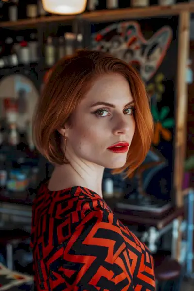 Woman with copper chin-length bob and red lipstick