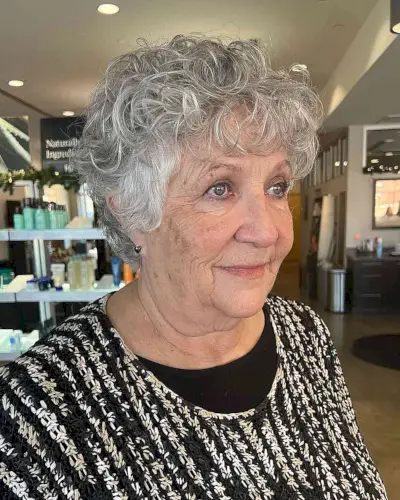 Salt and Pepper Curly Long Pixie for Women Over 60 with thin hair