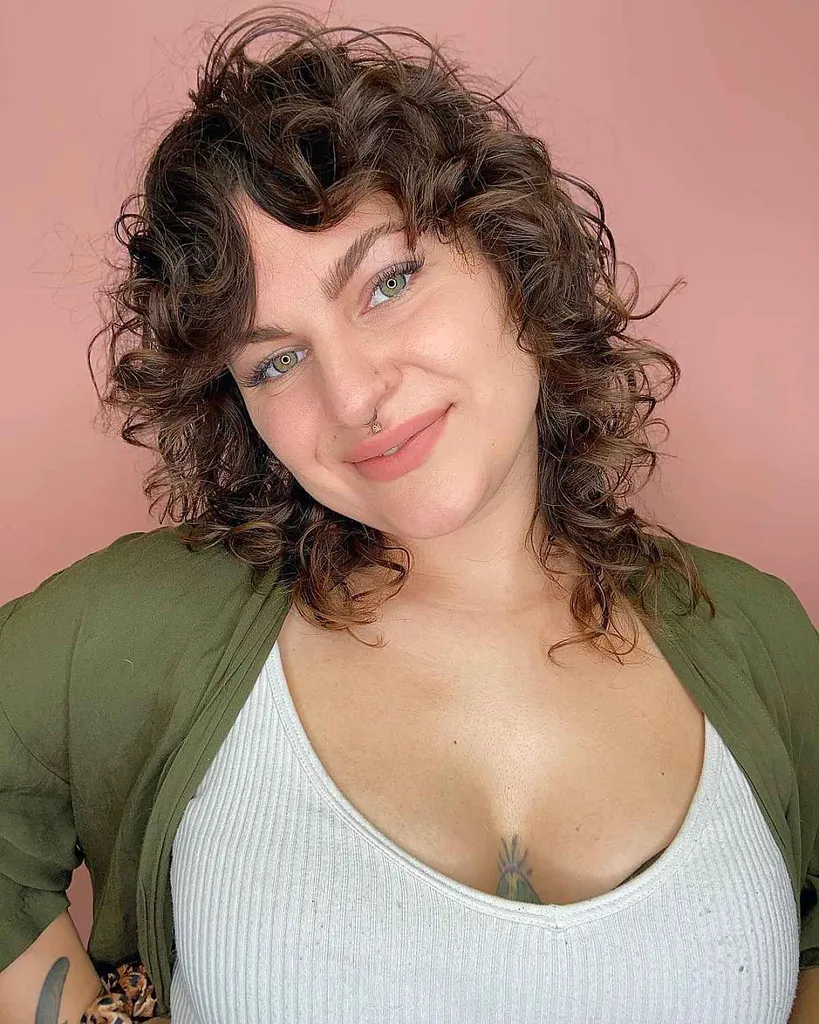 커튼 앞머리가 있는 컬리 롱 밥' title=