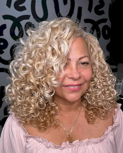 Mid-Length Beautiful Blonde Curls for Round Faces and women with thick hair