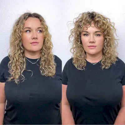 blonde curly hair with fringe