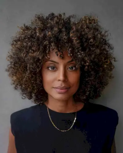 Brown Curly Hair with Bangs and Layers