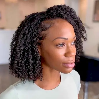 curly bob with spirals and bangs