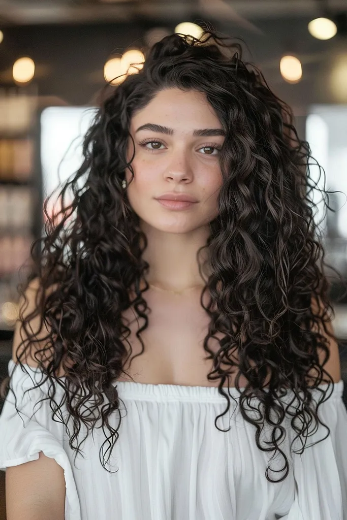 Penteado escuro longo e encaracolado beijado pelo sol' title=