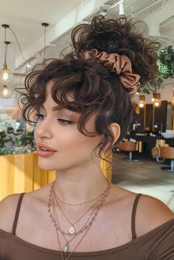 うっすら柔らかい前髪が付いたカーリーバンズで、遊び心とモダンな外観を実現' title=