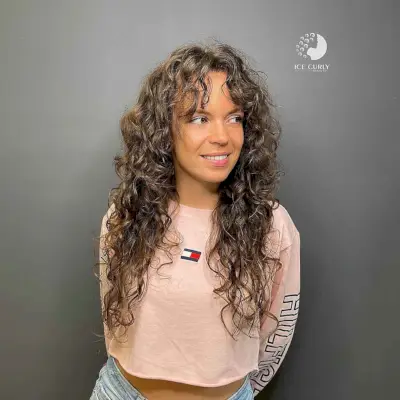 Very Long Curly Hair with curtain bangs