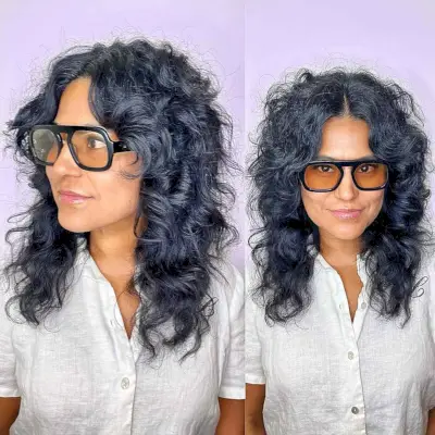 Shag on Long Curly Hair with curtain bangs