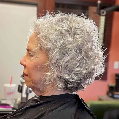 Chin-Length Wash-and-Wear Curled Silver Bob on ladies over 60
