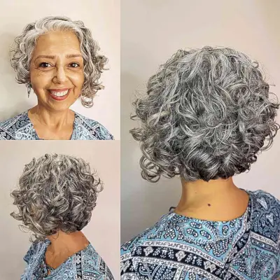 Short Curly Hair with Asymmetrical Face Frame for Mature Women Over 60 with Grey Locks