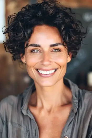 Objemný Pixie krátký kudrnatý účes.