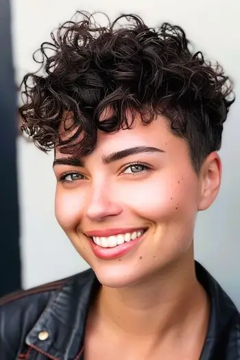 Kudrnatý skřítek s krátkými stranami krátký kudrnatý účes.