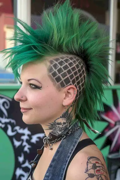 Deathhawk hairstyle with green mohawk and intricate shaved side patterns for women