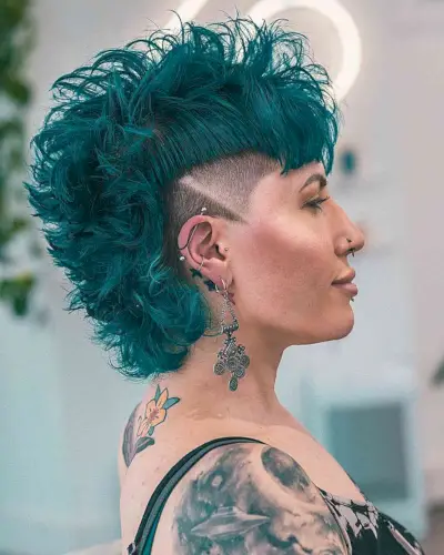 Punk Emerald Mullet with Shaved Designs Hairstyle