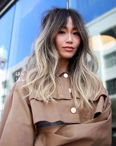 Face-Framing Barely-There Bangs for ladies with long ombre hair