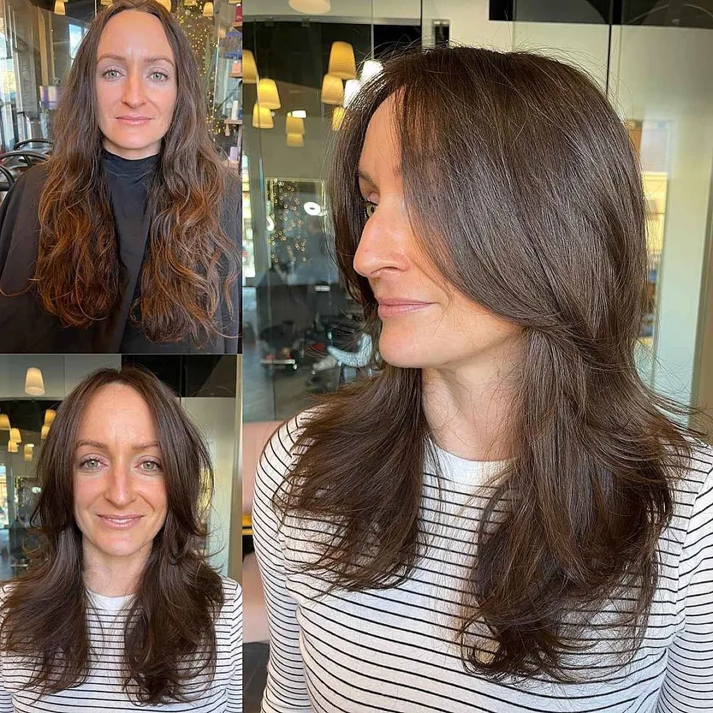 Lange gezichtskaderlagen op halflang haar' title=