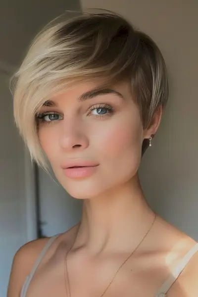 Stylish pixie cut with long side-swept bangs, ideal for square-faced women