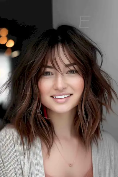 Shoulder-length chestnut shag haircut with fringe for oval face