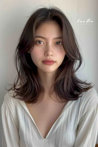 Sun-kissed highlights on espresso-colored medium-long layered hair