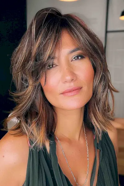 Shoulder-length layered cut with side-swept bangs and warm brown highlights for square faces