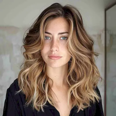 Warm Honey Balayage on Side-Parted Mid-Length Hair for Square Face Shapes