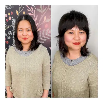 Eye-catching soft shag with heavy curtain bangs for round faces