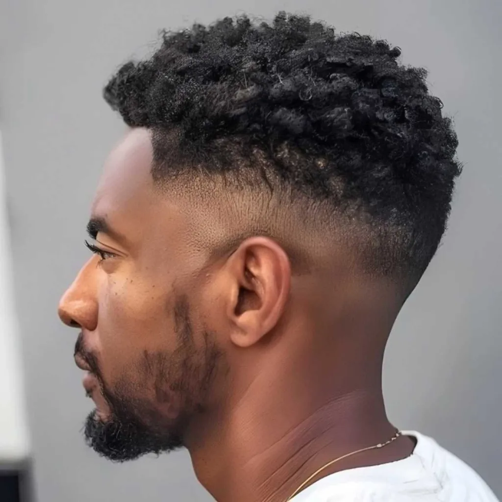 Korte Afro voor zwarte mannen met een lage kale vervaging' title=