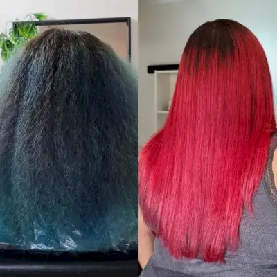 Bright red before and after hair transformation