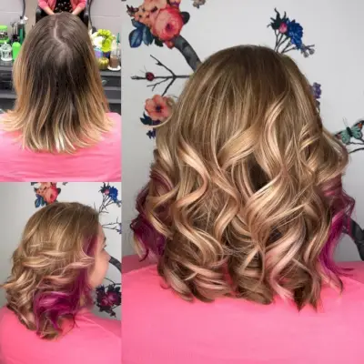 Bright Pink Hair Highlights Underneath Light Brown Hair