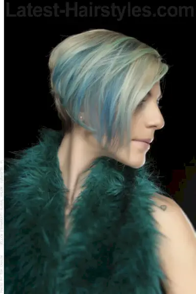 Aqua Blue and Green Peekaboo Highlights on an A-Line Bob
