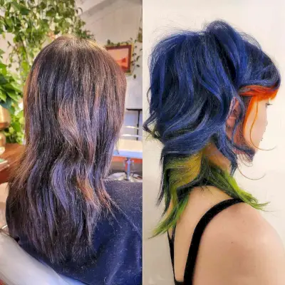 Blue Shag with Orange and Green Underneath Highlights