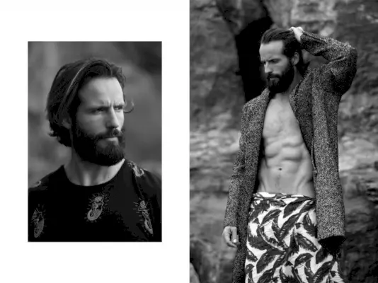 왼쪽: Zara 티셔츠를 입은 리카르도. 오른쪽: Zara 코트를 입고 Diesel을 감싸는 Ricardo.