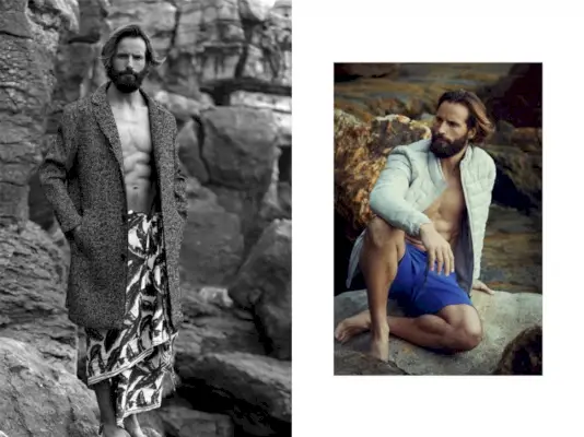 왼쪽: Zara 코트를 입고 Diesel을 감싸는 Ricardo. 오른쪽: 재킷 Zara와 스웨트 반바지 Tommy Hilfiger Sport를 입은 Ricardo.