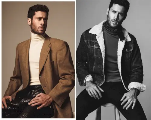 Til venstre: Jose bærer blazer Massimo Dutti, rullekrave Hugo Boss og bukser Ana Locking. Til højre: Jose bærer denimjakke Diesel, tørklæde Carolina Herrera, top Hugo Boss og jeans G-Star Raw.