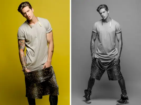 Diego porte un t-shirt Zara, des leggings Topman, un short Jeremy Scott pour Adidas, des baskets Rick Owens et un collier VERDE.