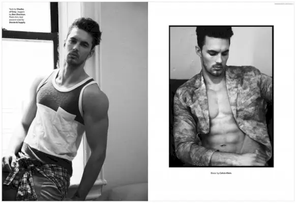 Izquierda: Christian viste una camiseta sin mangas de Shades of Grey, joggers Ben Sherman y una camisa a cuadros de Ralph Lauren Denim & Supply. Derecha: Christian viste una chaqueta de Calvin Klein.